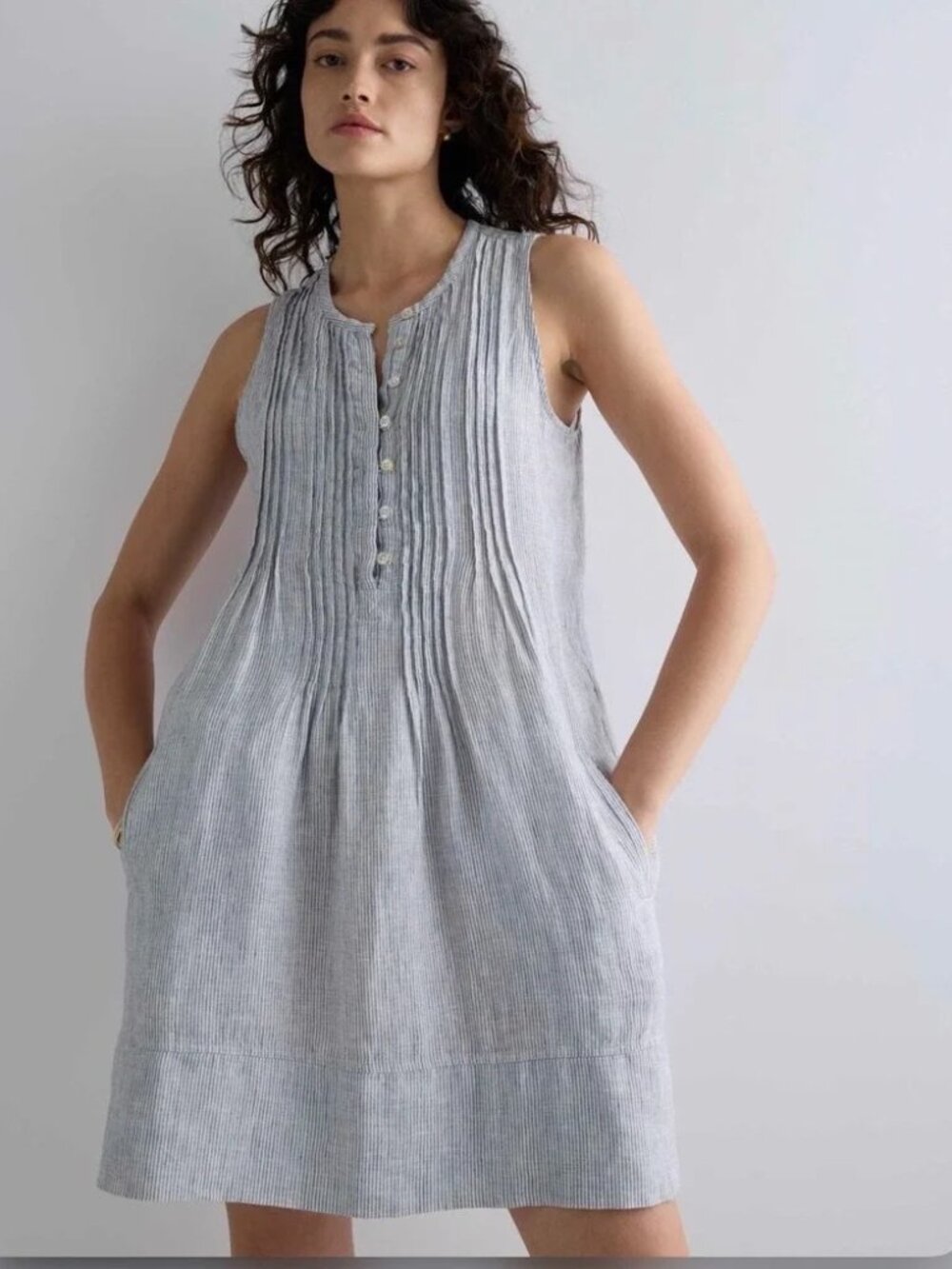 Quince 100% European Linen Striped Pint-tuck Sleeveless Swing Dress Pockets Sz S
